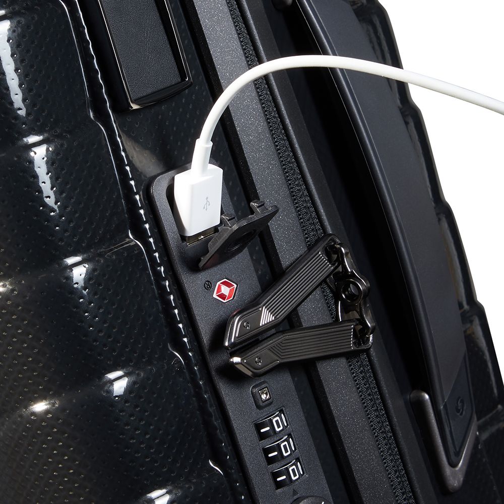 Black 55cm Samsonite Proxis expandable cabin spinner suitcase with smooth wheels and durable exterior.