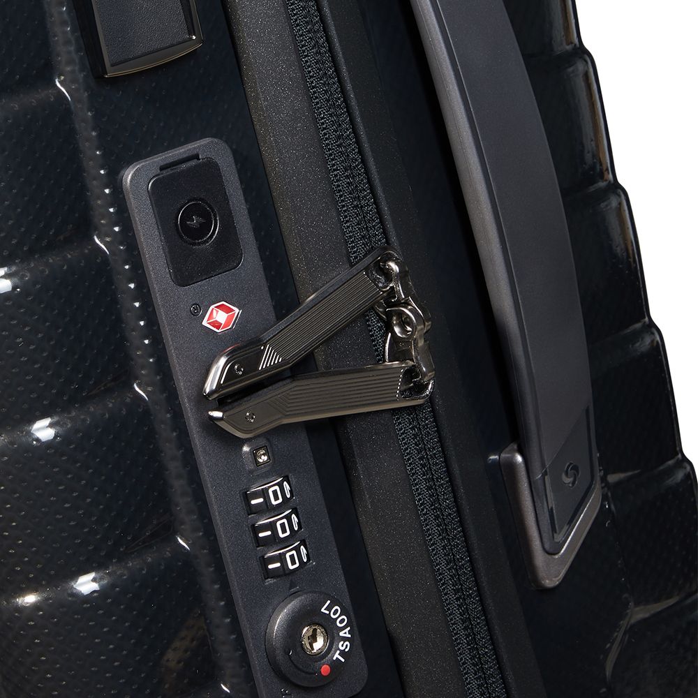 55cm black expandable cabin spinner suitcase by Samsonite, showcasing smooth wheels and sturdy handle for easy travel.