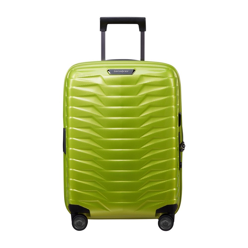 55cm lime green expandable cabin spinner suitcase by Samsonite, featuring wheels and ergonomic handle for easy transport.