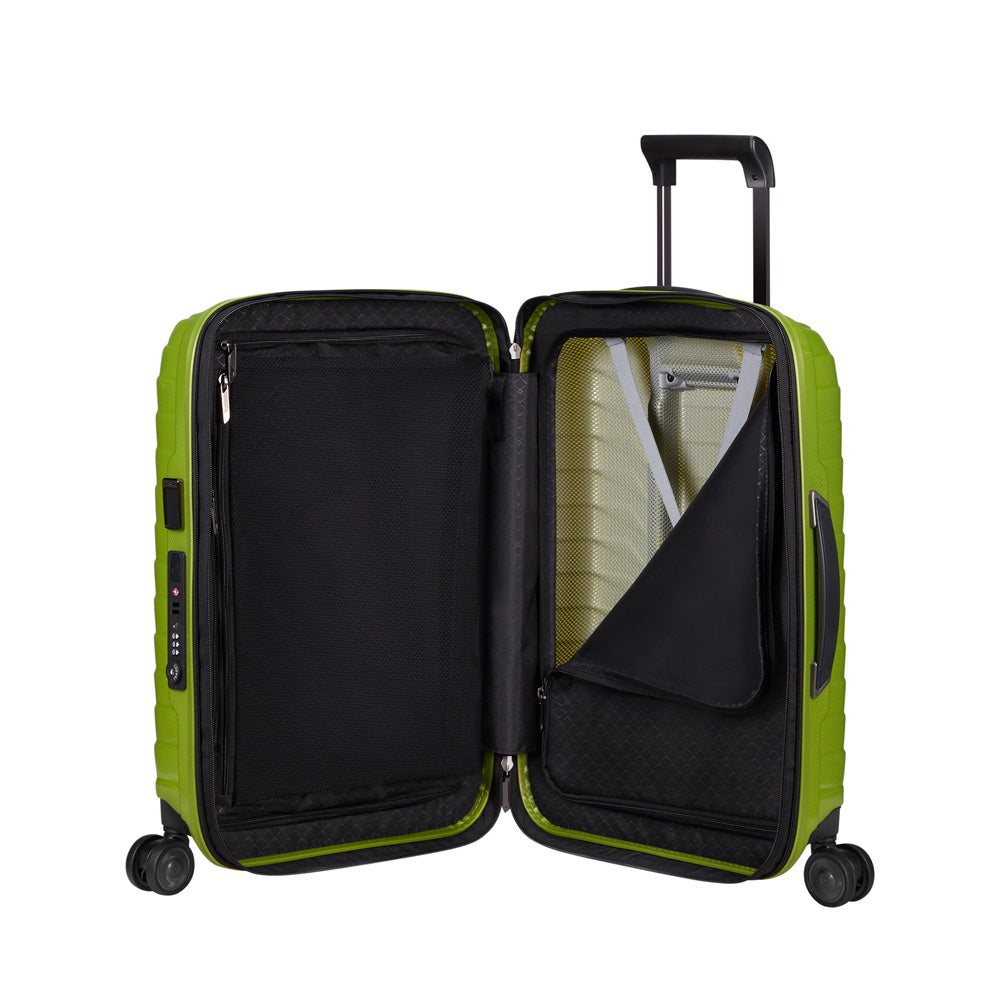 55cm expandable cabin spinner suitcase in lime green by Samsonite, showcasing wheels and handle for easy travel.