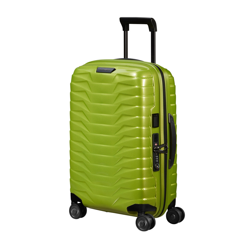 Lime Samsonite Proxis 55cm expandable cabin spinner suitcase with four wheels and a sleek design.