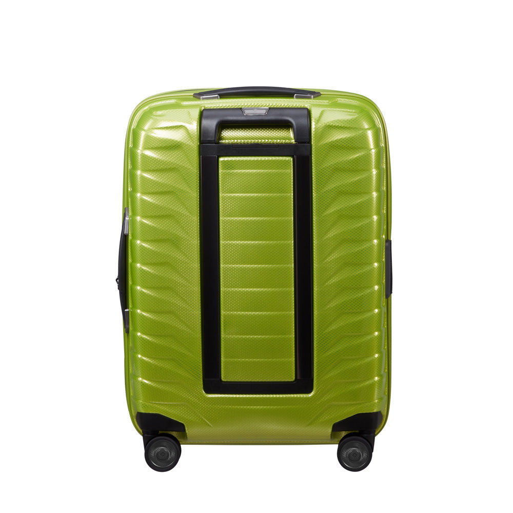 55cm expandable cabin spinner suitcase in lime green by Samsonite, featuring smooth wheels and sturdy handle.