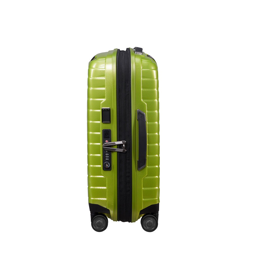 Lime green 55cm expandable cabin spinner suitcase by Samsonite, featuring smooth wheels and a durable exterior.