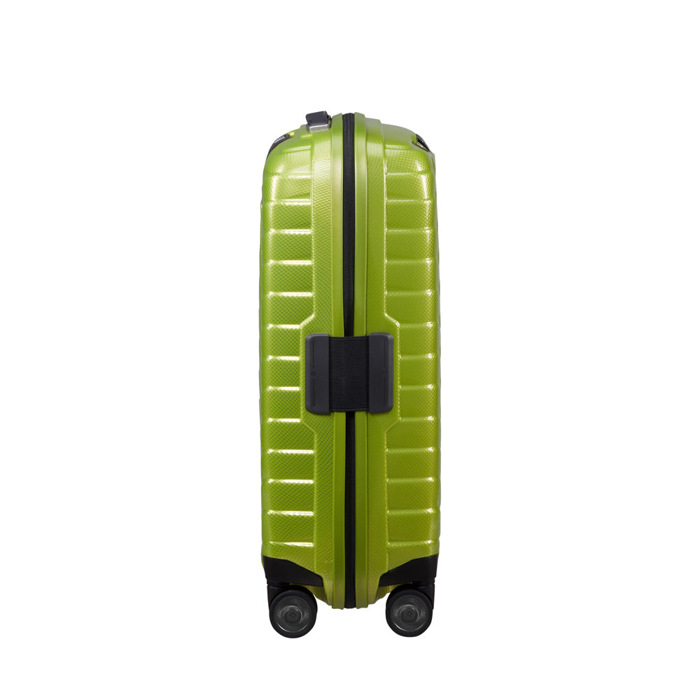 Samsonite Proxis 55cm expandable cabin spinner suitcase in lime green, featuring smooth wheels and a sleek design.