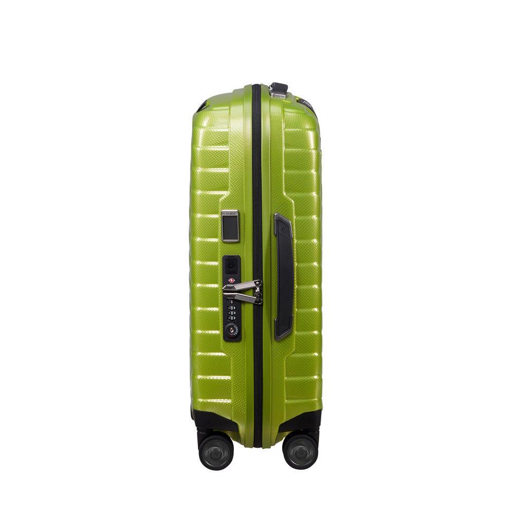 55cm expandable cabin spinner suitcase in lime green by Samsonite, featuring smooth wheels and sturdy handle.