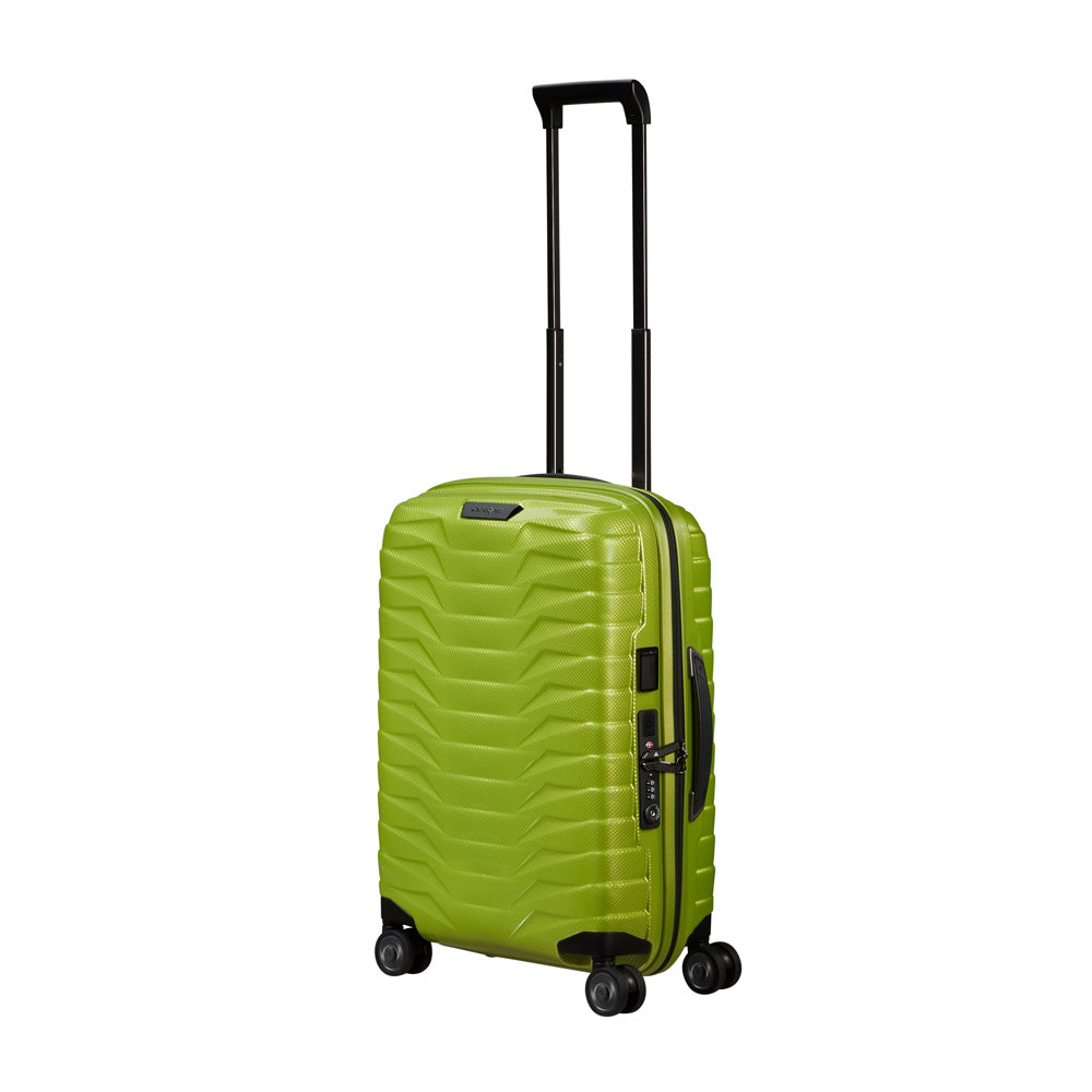 Lime green 55cm expandable cabin spinner suitcase by Samsonite, featuring smooth wheels and a sleek design.
