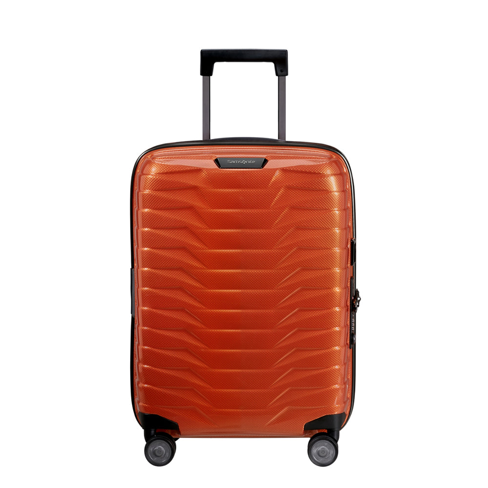 Red 55cm expandable cabin spinner suitcase by Samsonite, featuring smooth wheels and a durable hard shell design.