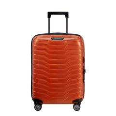 Red 55cm expandable cabin spinner suitcase by Samsonite, featuring smooth wheels and a durable hard shell design.