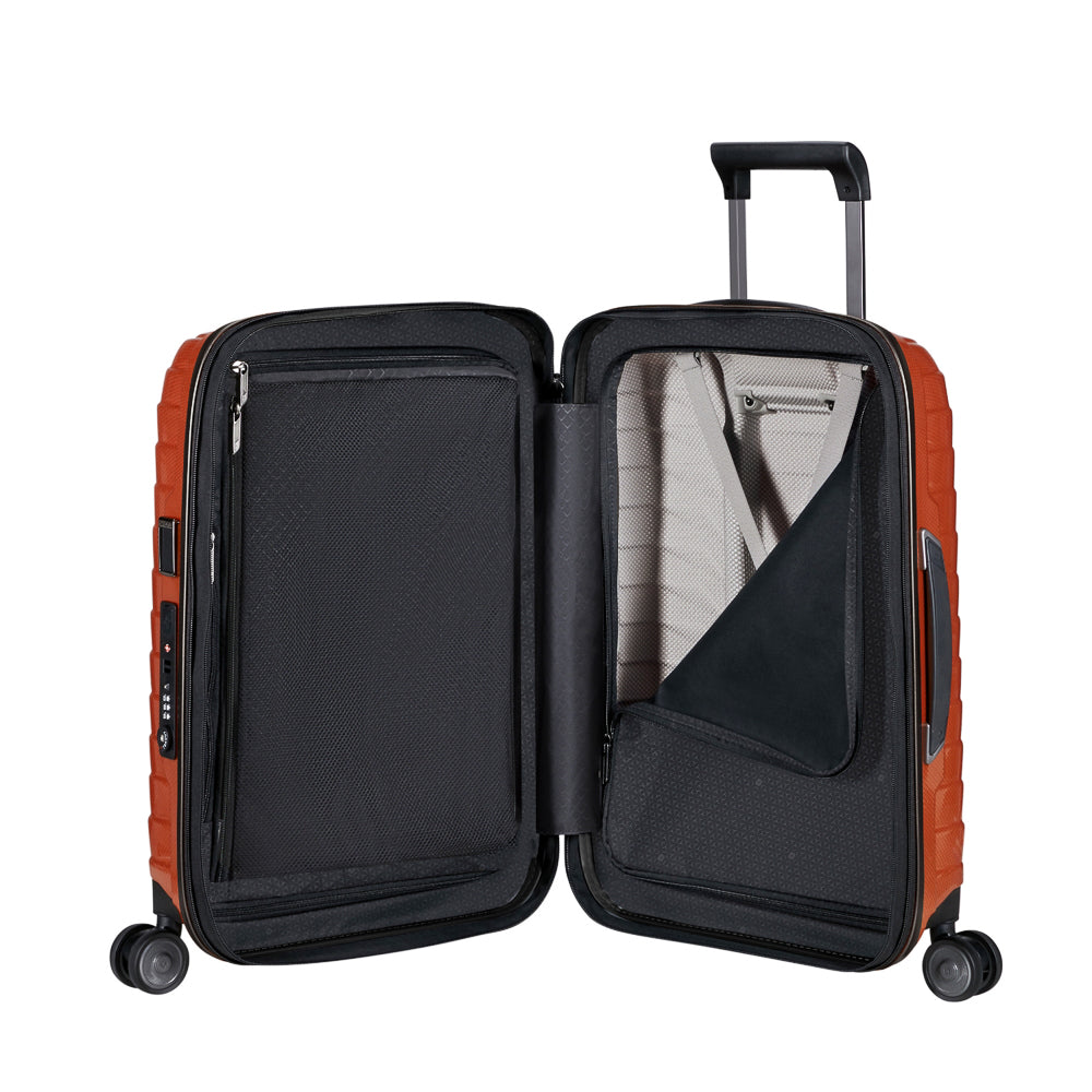 55cm expandable cabin spinner suitcase by Samsonite in vibrant flame color, showcasing smooth wheels and sturdy handle.