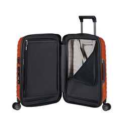 55cm expandable cabin spinner suitcase by Samsonite in vibrant flame color, showcasing smooth wheels and sturdy handle.