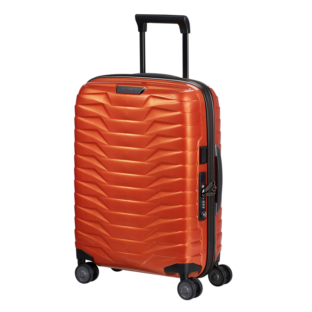 55cm Samsonite Proxis expandable cabin spinner suitcase in vibrant flame color, showcasing wheels and handle.