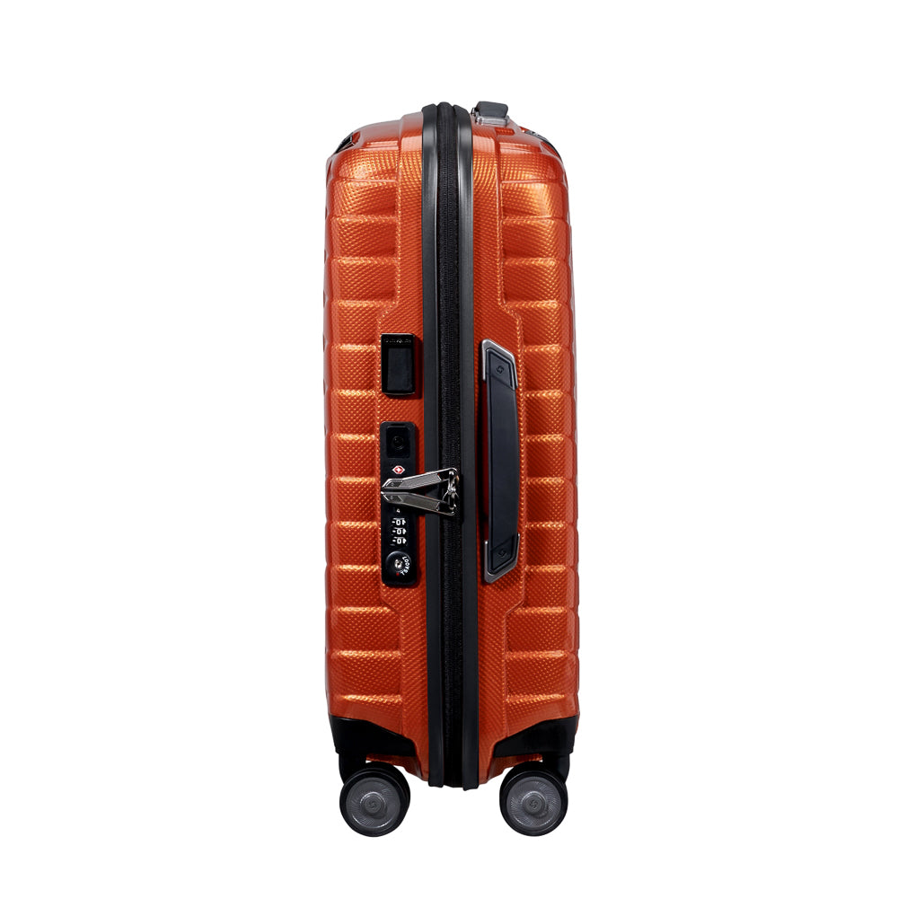 55cm expandable cabin spinner suitcase in flame color by Samsonite, featuring smooth wheels and durable material.