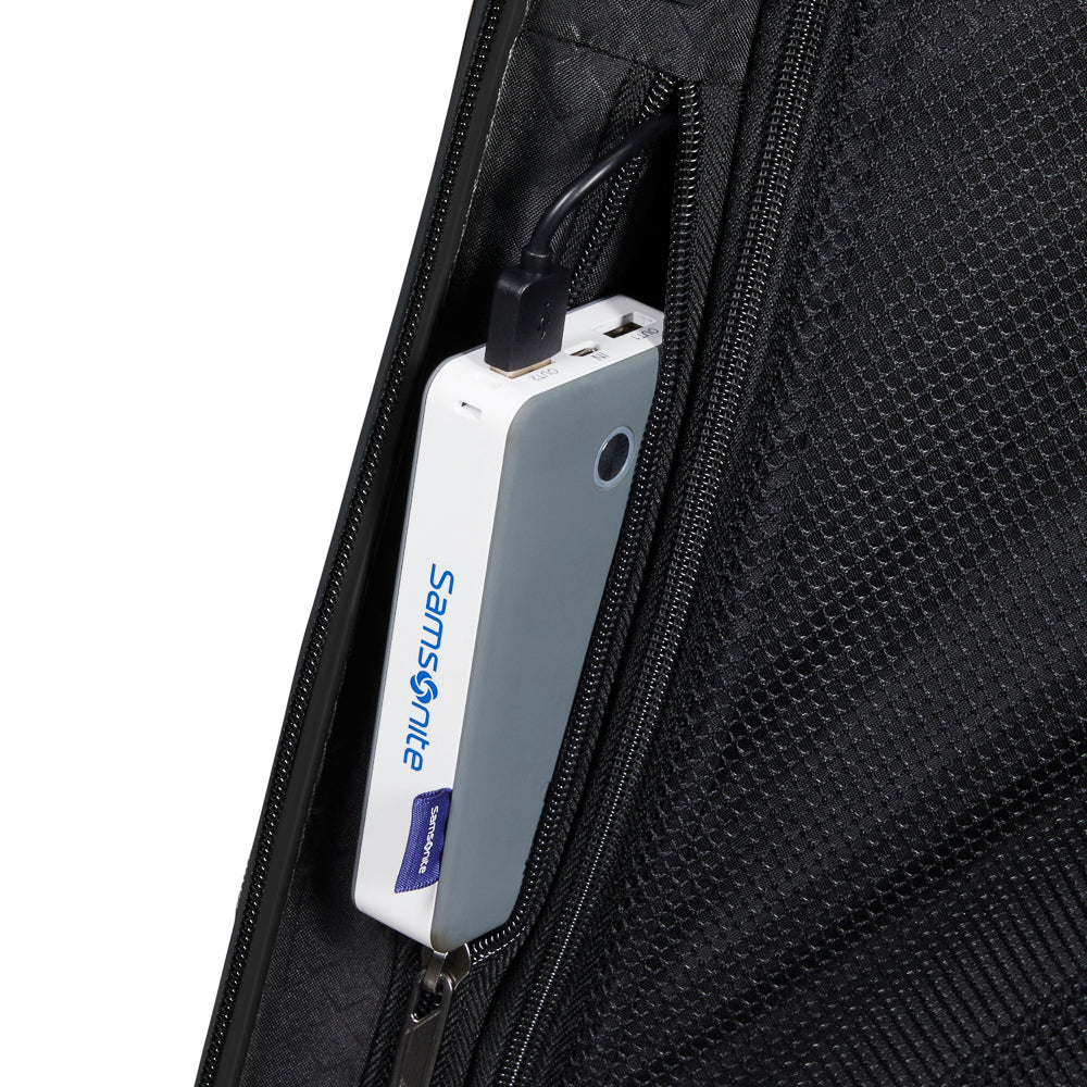 55cm Samsonite Proxis expandable cabin spinner suitcase in flame color, showcasing wheels and sturdy handle.