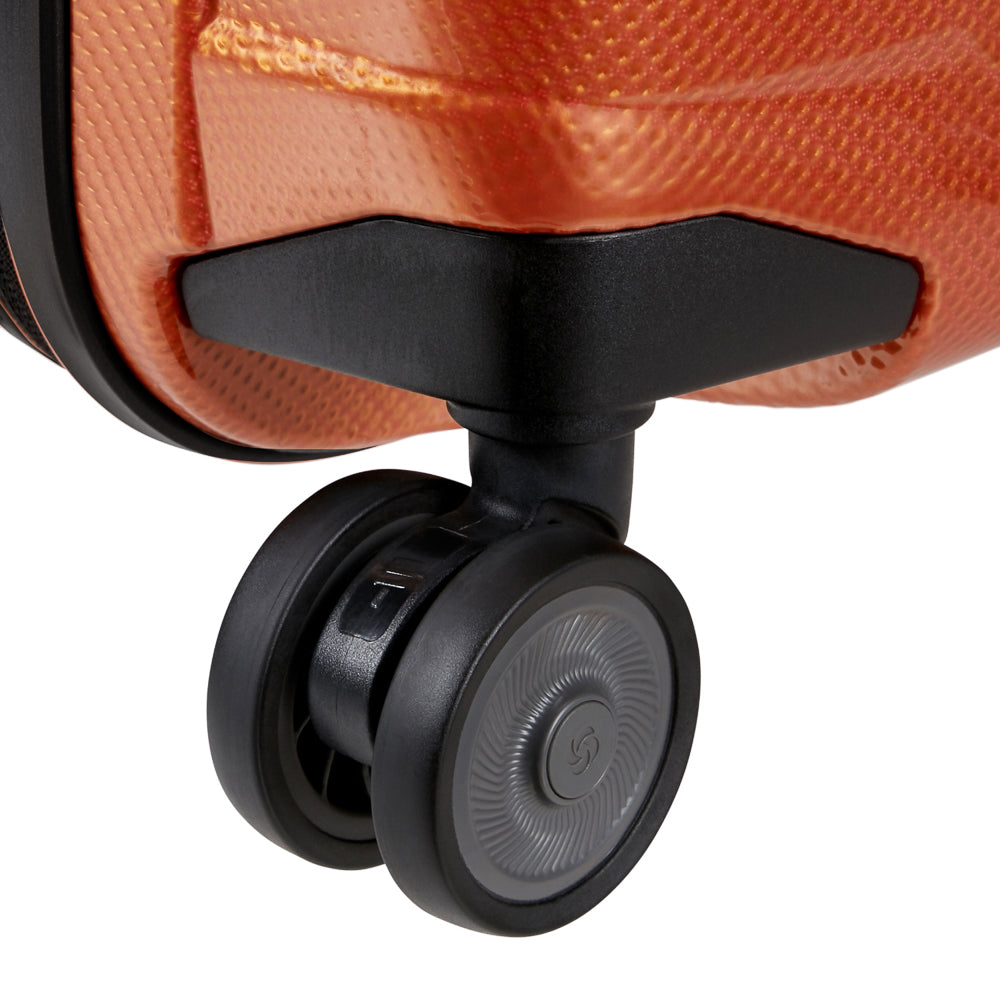55cm expandable cabin spinner suitcase in flame color by Samsonite, featuring smooth spinner wheels and durable design.
