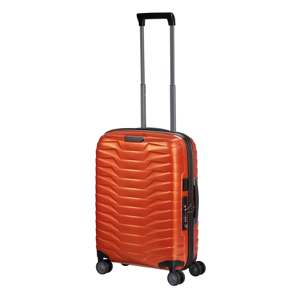 Samsonite Proxis 55cm expandable cabin spinner suitcase in flame color, showcasing smooth wheels and durable exterior.