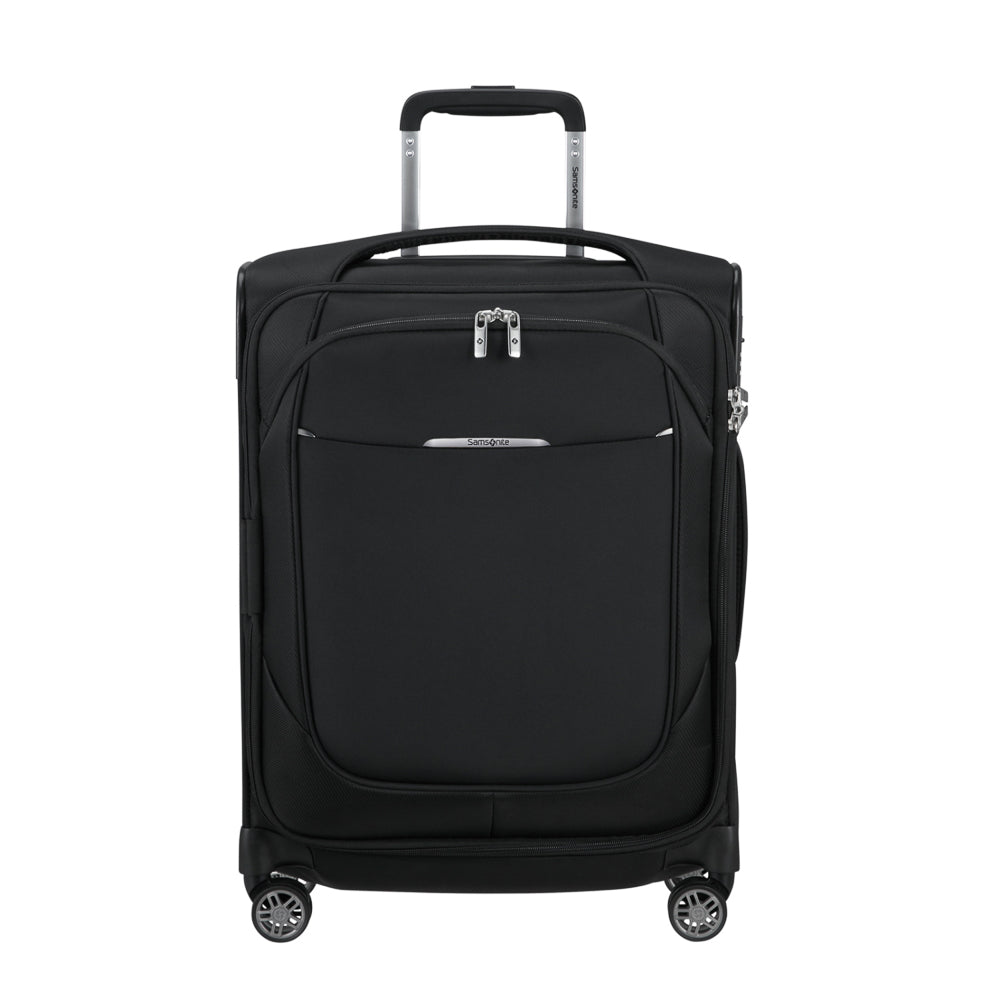Black 55cm expandable carry-on suitcase from Samsonite Luggage, featuring a sleek design and durable exterior.
