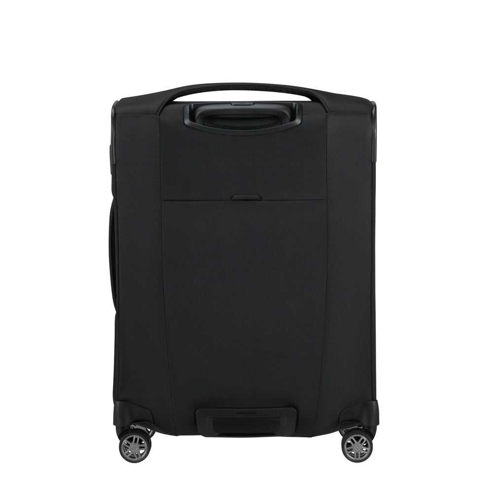 Samsonite 55cm expandable carry-on suitcase in black, featuring a sleek design and sturdy wheels for easy travel.