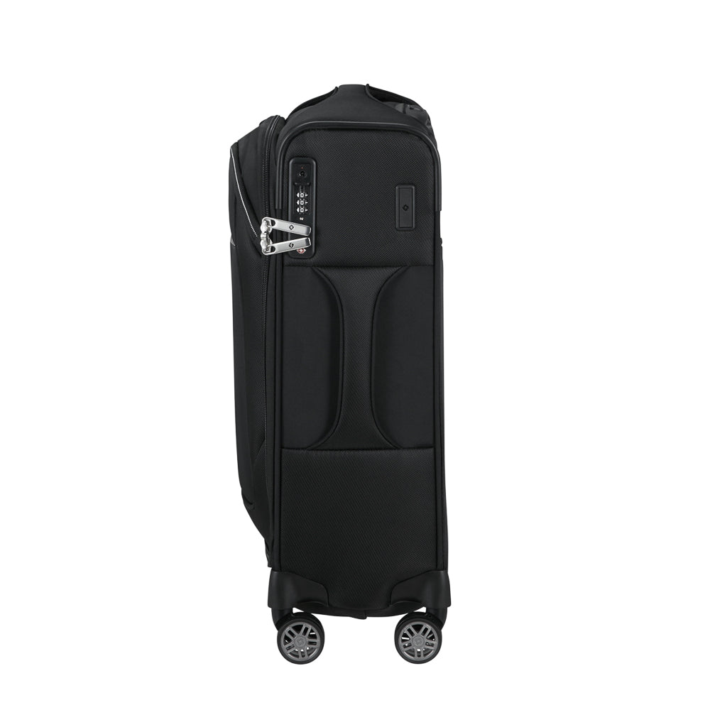 Samsonite Re-Lite 55cm expandable carry-on suitcase in black, showcasing smooth wheels and zippered compartments.