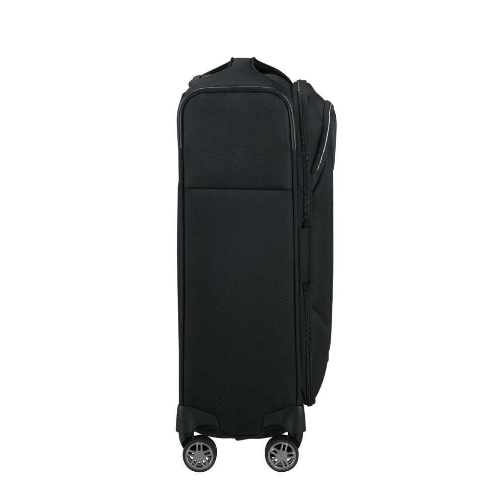 Samsonite Re-Lite 55cm expandable black cabin luggage suitcase with wheels and handle, perfect for travel.
