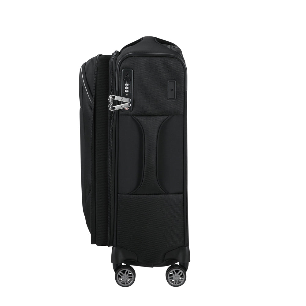 Samsonite Re-Lite 55cm expandable carry-on suitcase in black, featuring smooth wheels and a sturdy handle for easy travel.