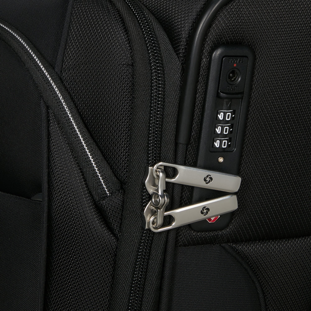 Black 55cm expandable carry-on suitcase by Samsonite, showcasing sleek design and durable material for cabin travel.
