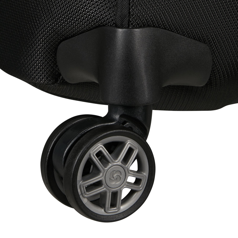 Samsonite Re-Lite 55cm expandable carry on suitcase in black with wheels and a retractable handle.
