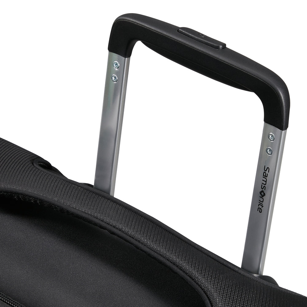 Samsonite Re-Lite 55cm expandable carry-on suitcase in black, showcasing its compact design and durable exterior.