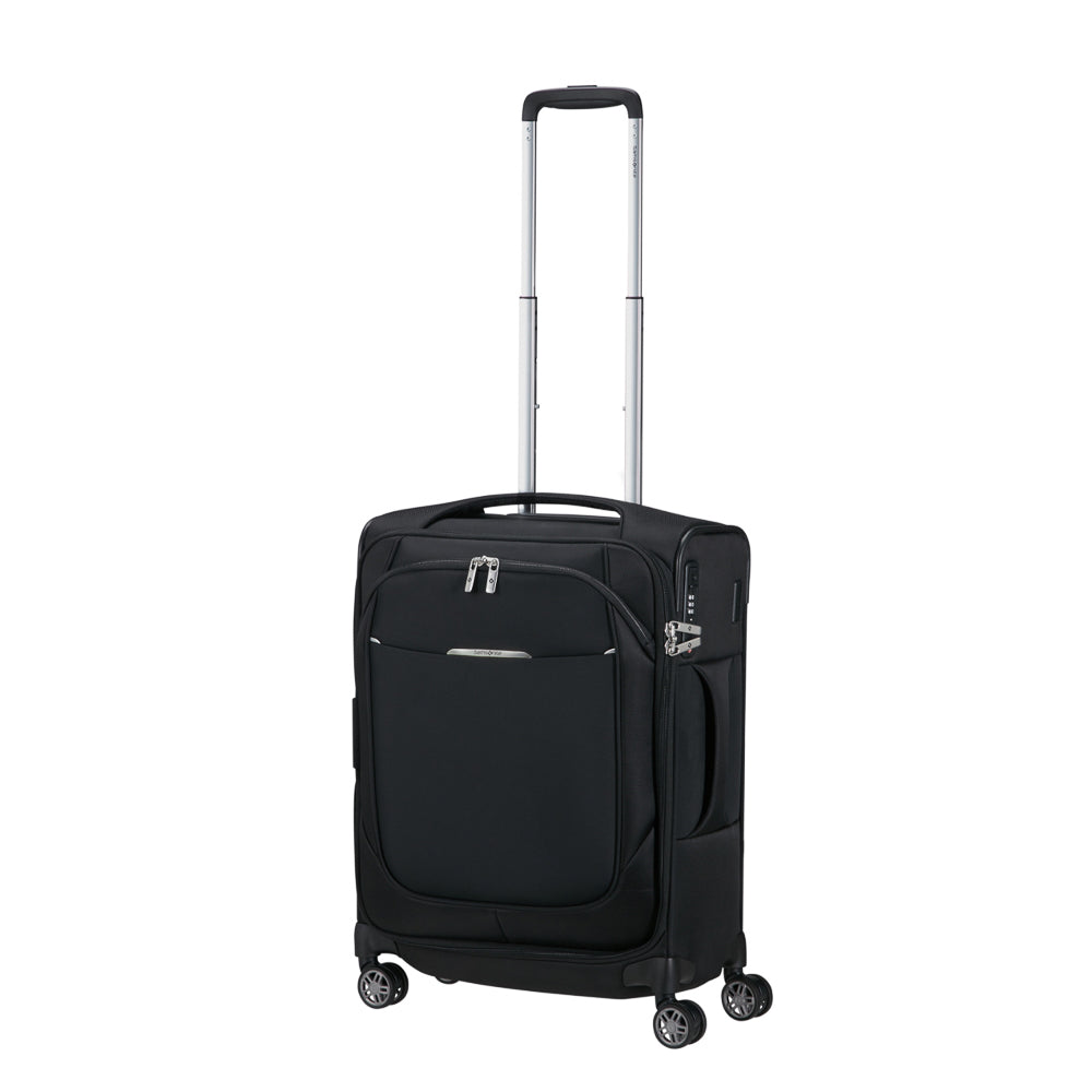Samsonite Re-Lite 55cm expandable black cabin luggage suitcase with smooth wheels and sturdy handle.