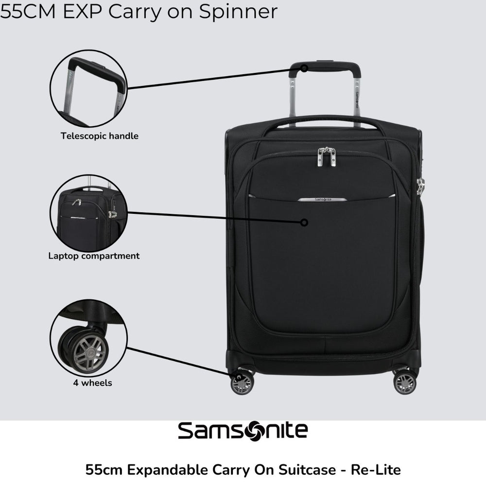Samsonite Re-Lite 55cm expandable carry-on suitcase in a sleek design, showcasing wheels and a telescopic handle.