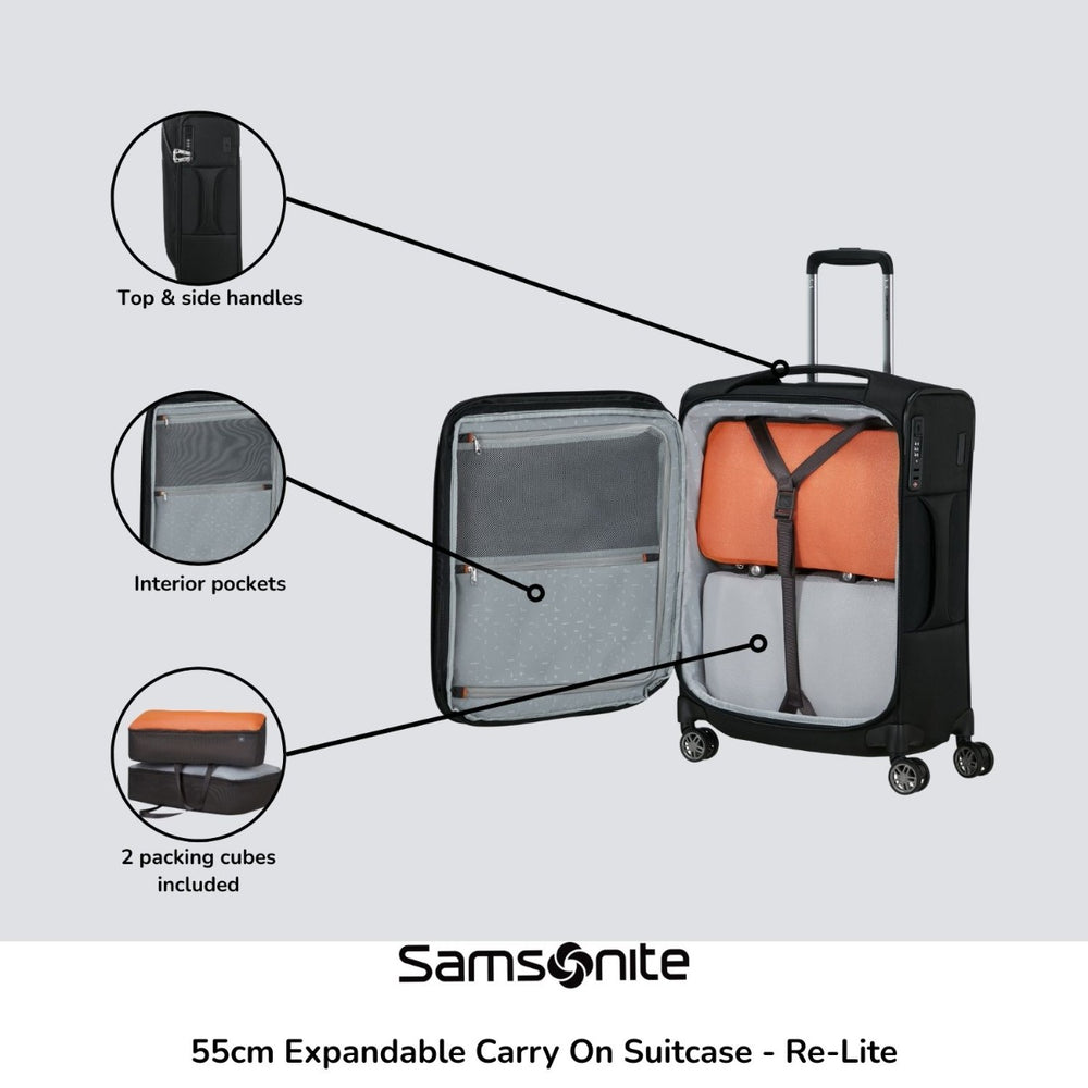 55cm expandable carry on suitcase by Samsonite, featuring a sleek design and durable exterior for cabin travel.