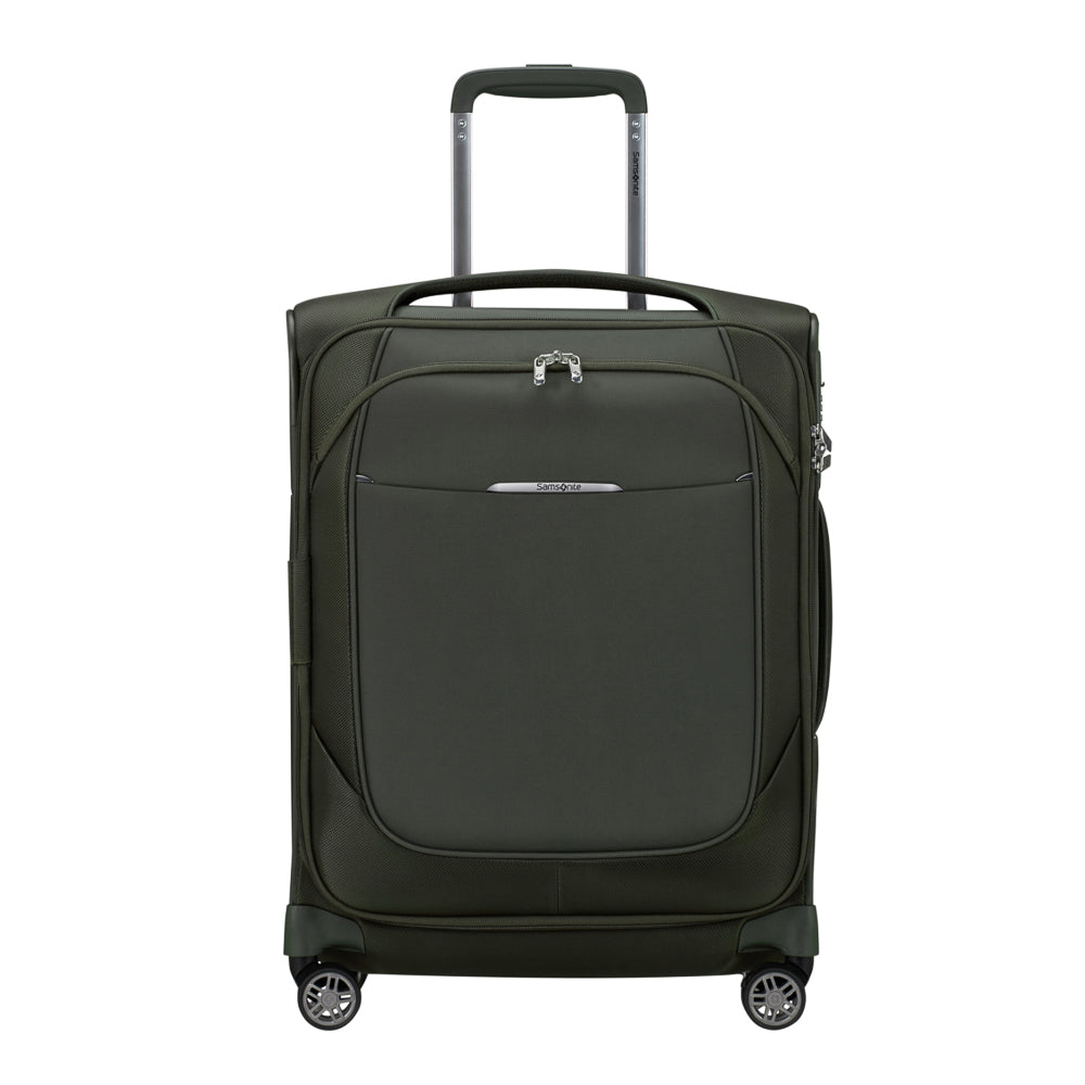 Green 55cm expandable cabin luggage suitcase by Samsonite, featuring smooth wheels and a sleek design.