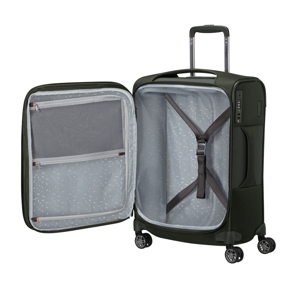 Green 55cm expandable carry-on suitcase from Samsonite, featuring a sleek design and durable exterior for cabin luggage.