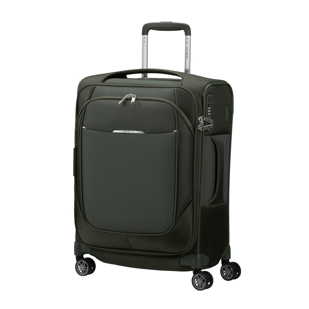 Green 55cm expandable carry-on suitcase from Samsonite Luggage, featuring a sleek design and durable exterior.