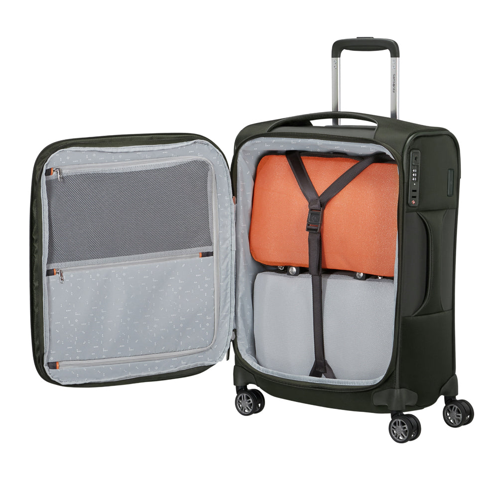 Green 55cm expandable carry-on suitcase from Samsonite, featuring durable material and smooth-rolling wheels.