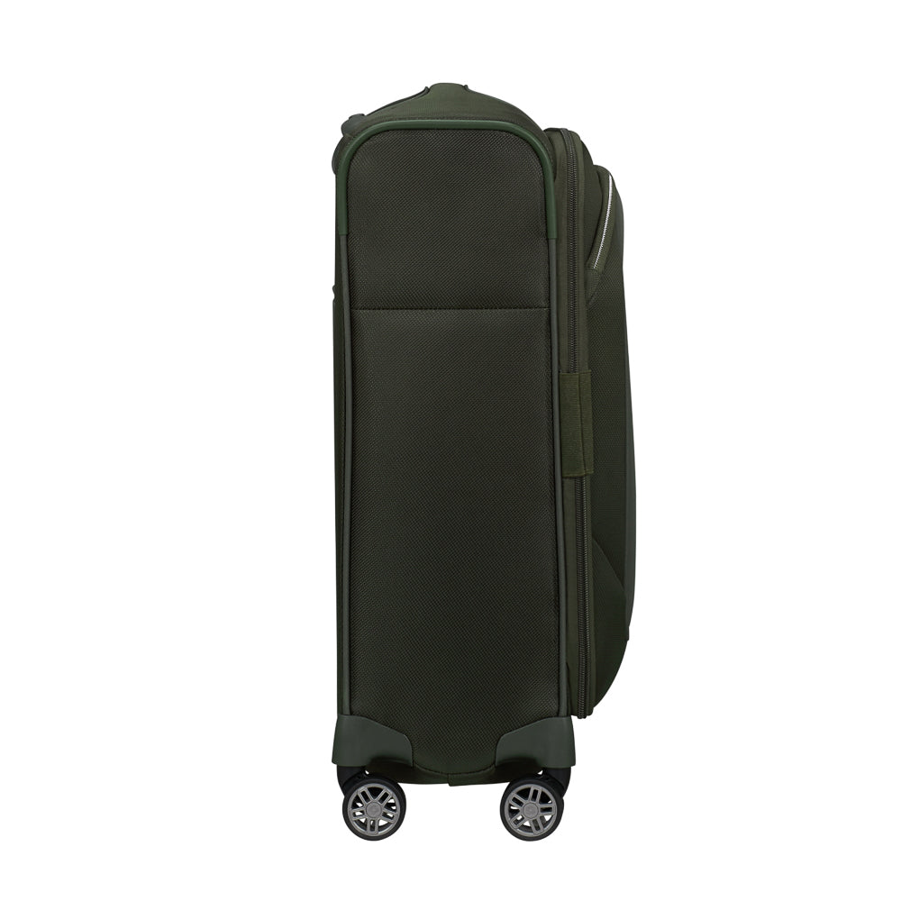 Green 55cm expandable carry-on suitcase from Samsonite, featuring a sleek design and durable material for travel.