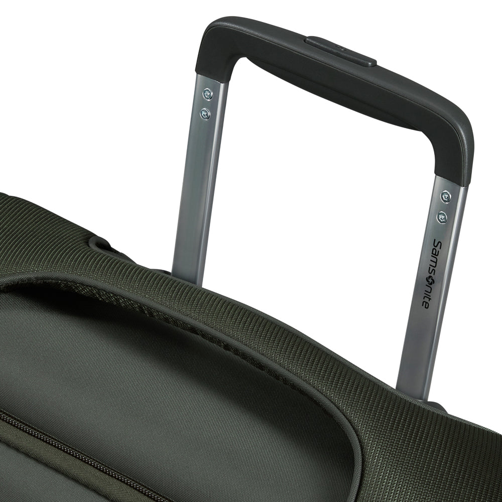 Green 55cm expandable carry-on suitcase by Samsonite, featuring wheels and a sleek design for cabin luggage.