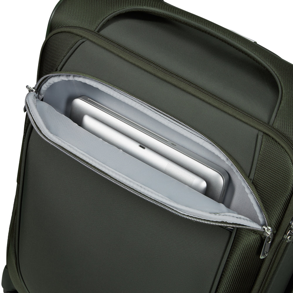 Samsonite Re-Lite 55cm expandable carry-on suitcase in green, featuring a sleek design and spacious interior for travel.