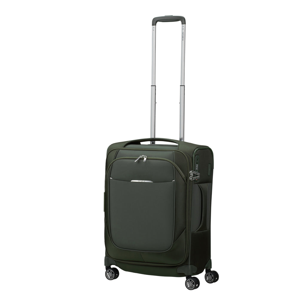 Green 55cm expandable carry on suitcase from Samsonite, featuring a durable design and smooth wheels for easy transport.