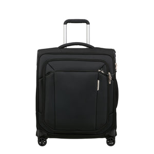 Black 56cm Cabin Spinner Suitcase by Samsonite, featuring smooth wheels and a durable design for easy travel.