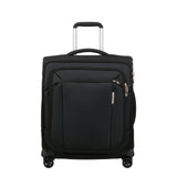 Black 56cm Cabin Spinner Suitcase by Samsonite, featuring smooth wheels and a durable design for easy travel.