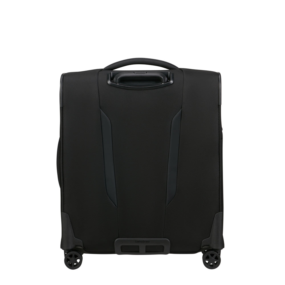 Black 56cm Samsonite Respark cabin spinner suitcase with smooth wheels and ergonomic handle.