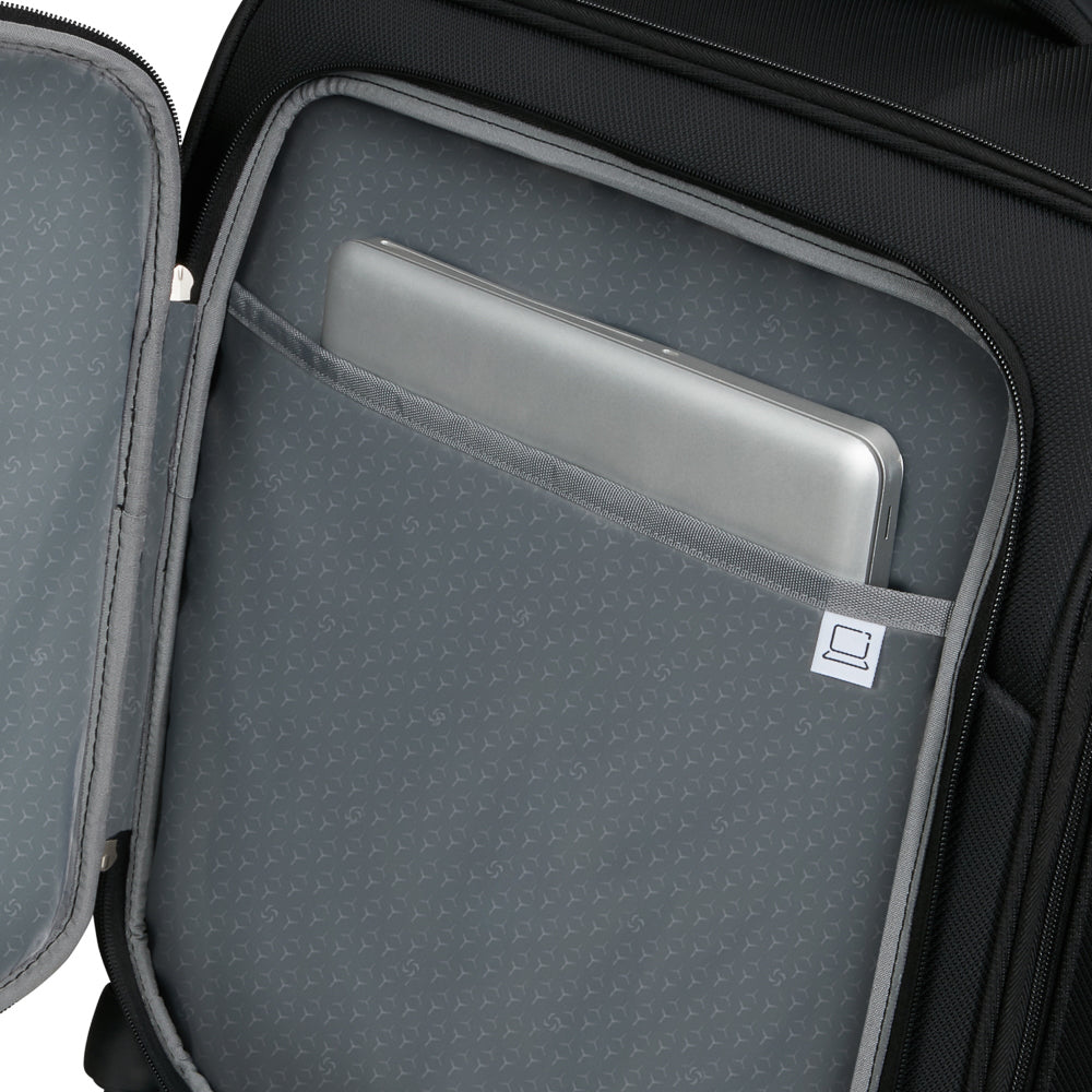 Black 56cm Cabin Spinner Suitcase by Samsonite, featuring four wheels and a sleek design for easy travel.