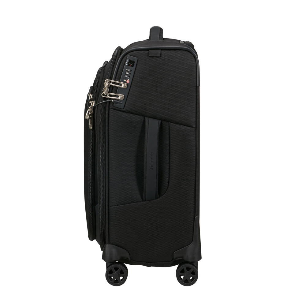Black 56cm Cabin Spinner Suitcase by Samsonite, featuring four wheels and a sleek design for easy travel.