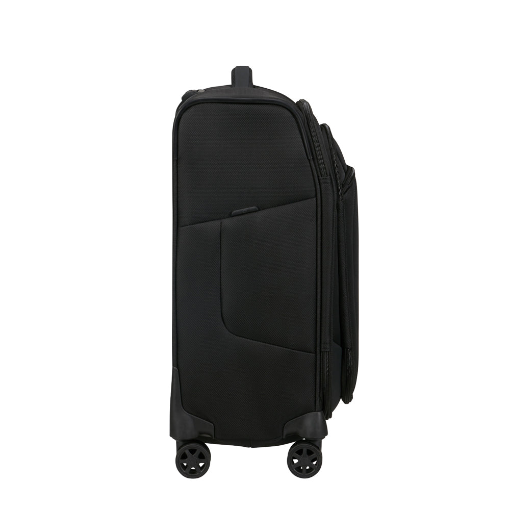 Black 56cm Cabin Spinner Suitcase by Samsonite, featuring smooth wheels and a sleek design for easy travel.
