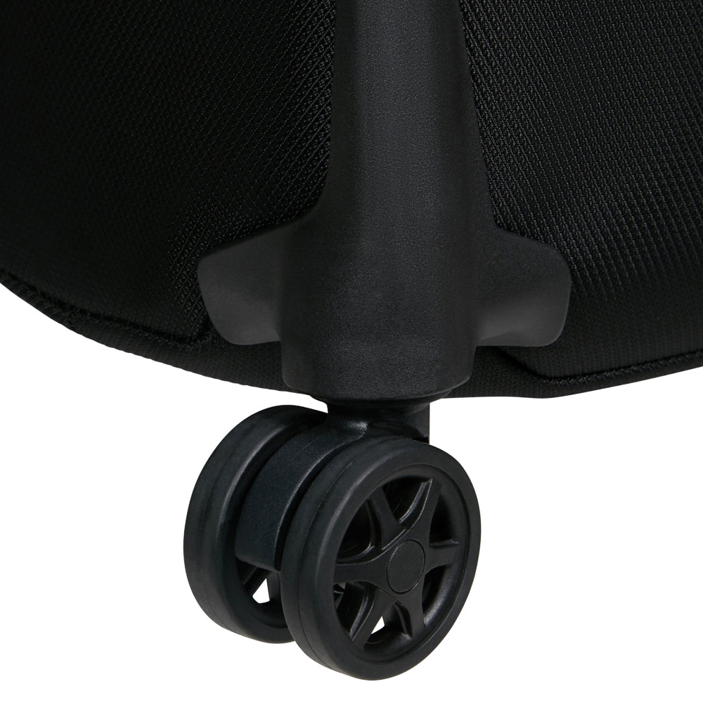 Black 56cm Samsonite Respark cabin spinner suitcase with four wheels and a retractable handle.