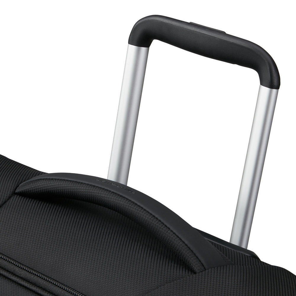 Samsonite Respark 56cm black cabin spinner suitcase with four wheels and a sleek design on a white background.