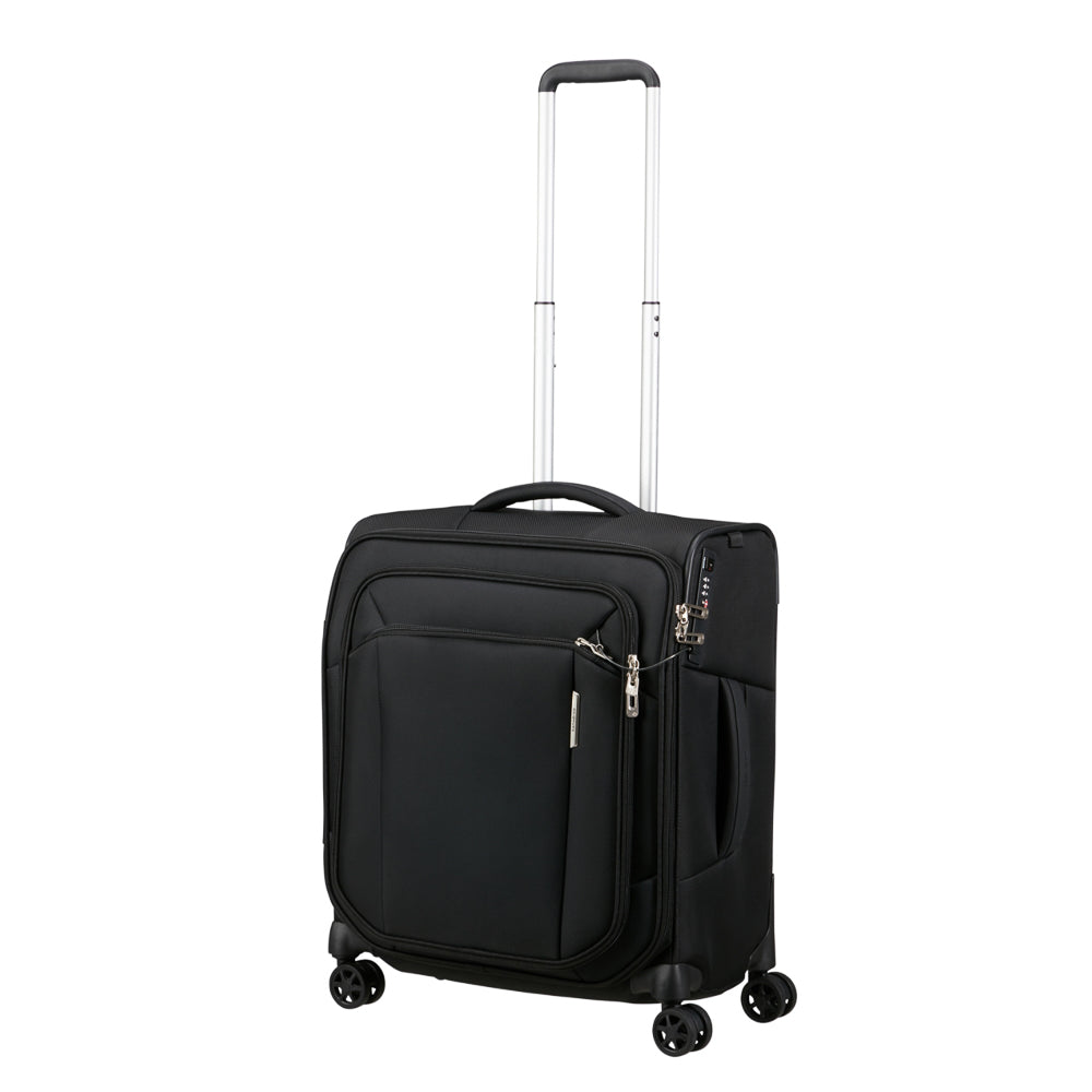 Samsonite Respark 56cm black cabin spinner suitcase with four wheels and a sleek design for easy travel.
