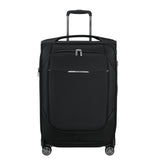 Samsonite Re-Lite 67cm expandable spinner suitcase in black, featuring four wheels and a sturdy handle for easy transport.