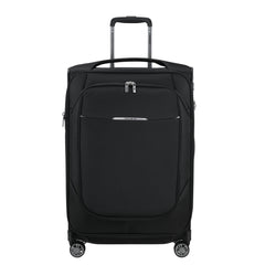 Samsonite Re-Lite 67cm expandable spinner suitcase in black, featuring four wheels and a sturdy handle for easy transport.