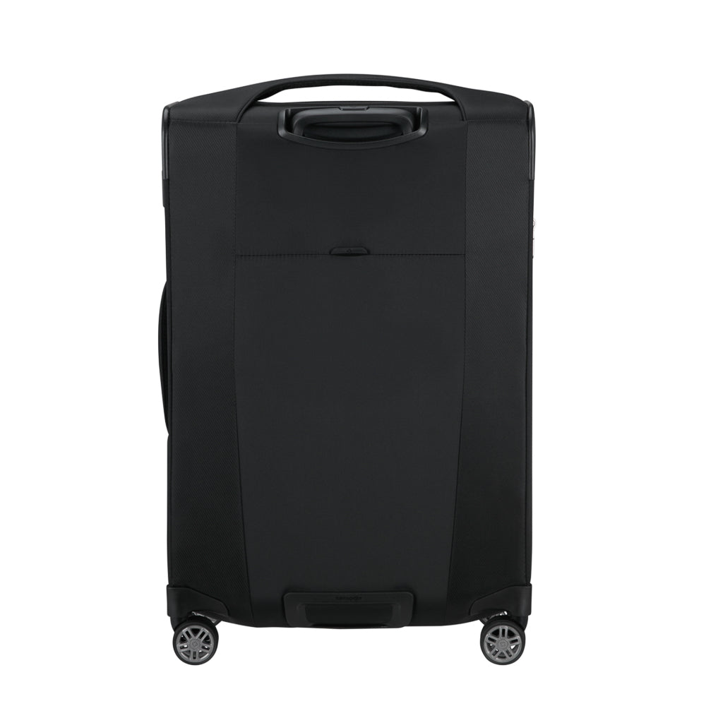 Samsonite Re-Lite 67cm expandable black spinner suitcase with four wheels and ergonomic handle for easy travel.